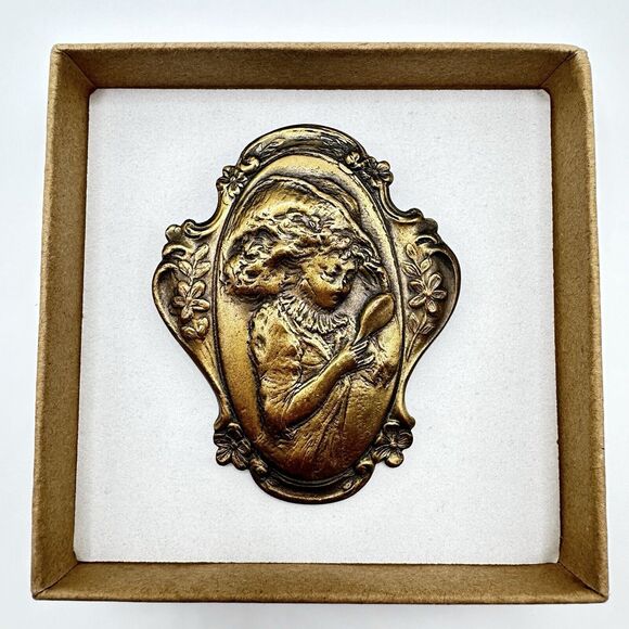 Vintage Victorian Style Bronze Gilt Young Girl Art Nouveau Brooch, 2.75" tall - Picture 2 of 7